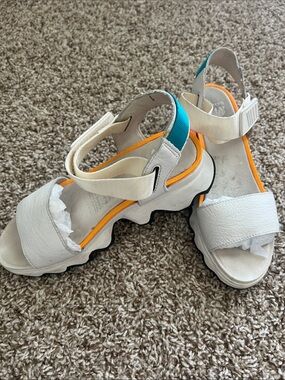 Sorel White Sandals with Orange Trim and Teal Heel Accent